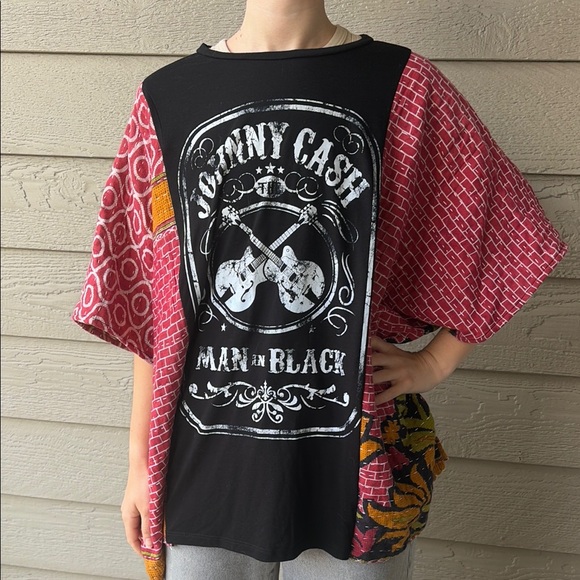 Johnny Cash Upcycled Kantha Tunic Top Shirt OS Handmade Boho - Picture 2 of 5